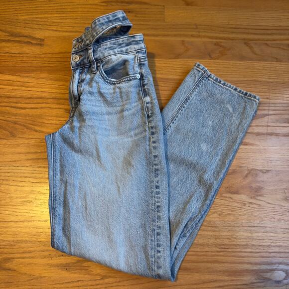 AE Strigid Super High-Waisted Baggy Straight Cut-Out Jeans Blue Size 00 - Picture 2 of 12